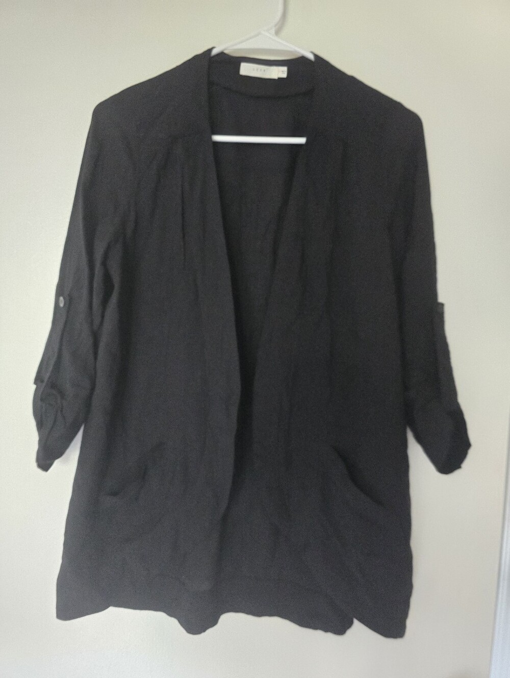Lush Lightweight Open Front Black Women Blazer Like Cardigan Roll 3/4 Sleeve XS